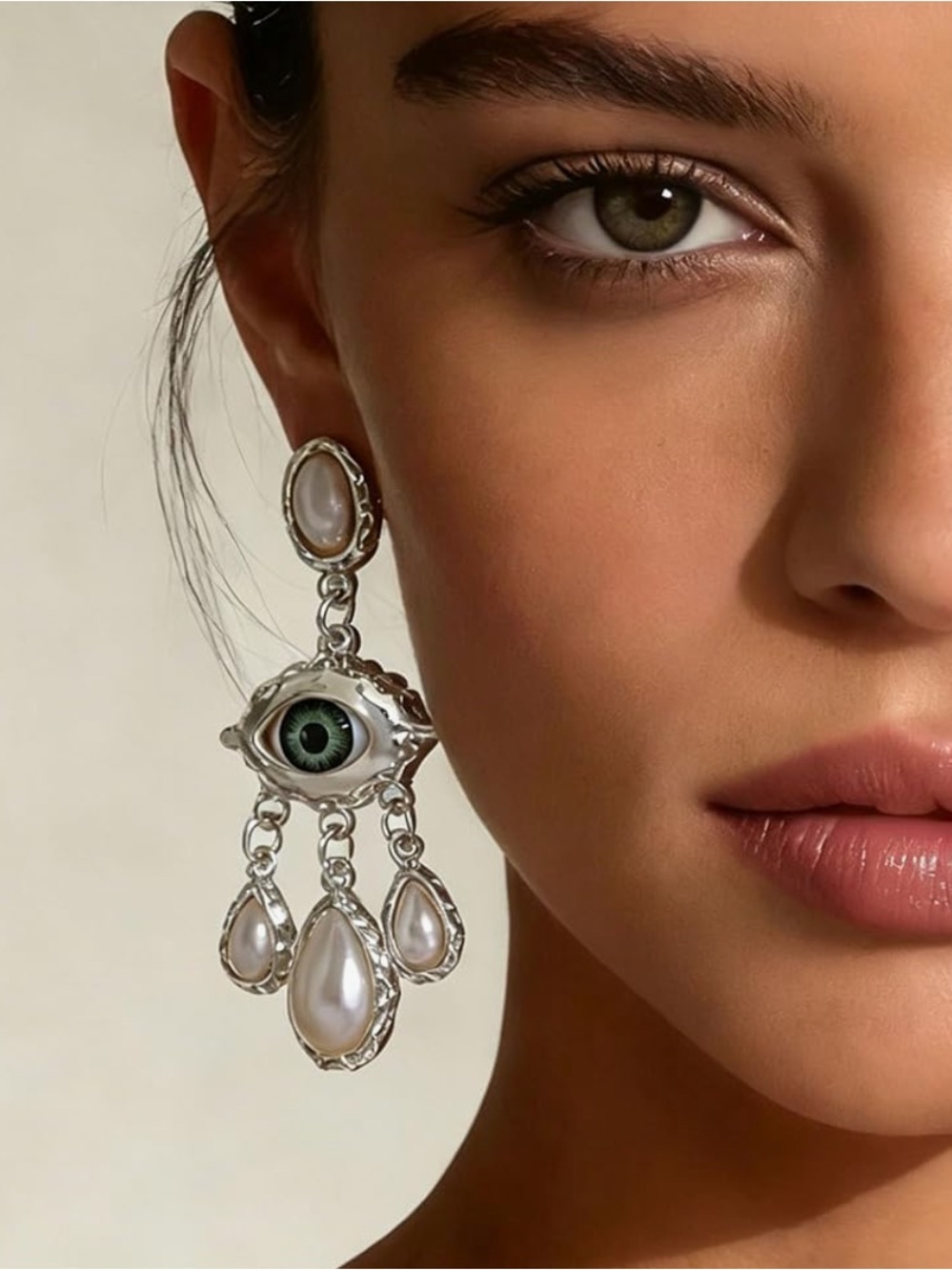 Sculptural Silver Eye Pearl Earrings